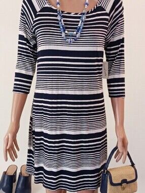 Nautical Womens Navy and White Striped Dress / Comfort / Cabincore/ Sz S